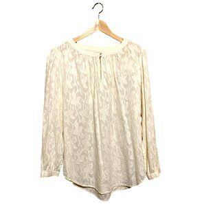 Loft Women's Blouse Ecru Floral Burnout Long Sleeve Front‎ Keyhole Sz L Boho
